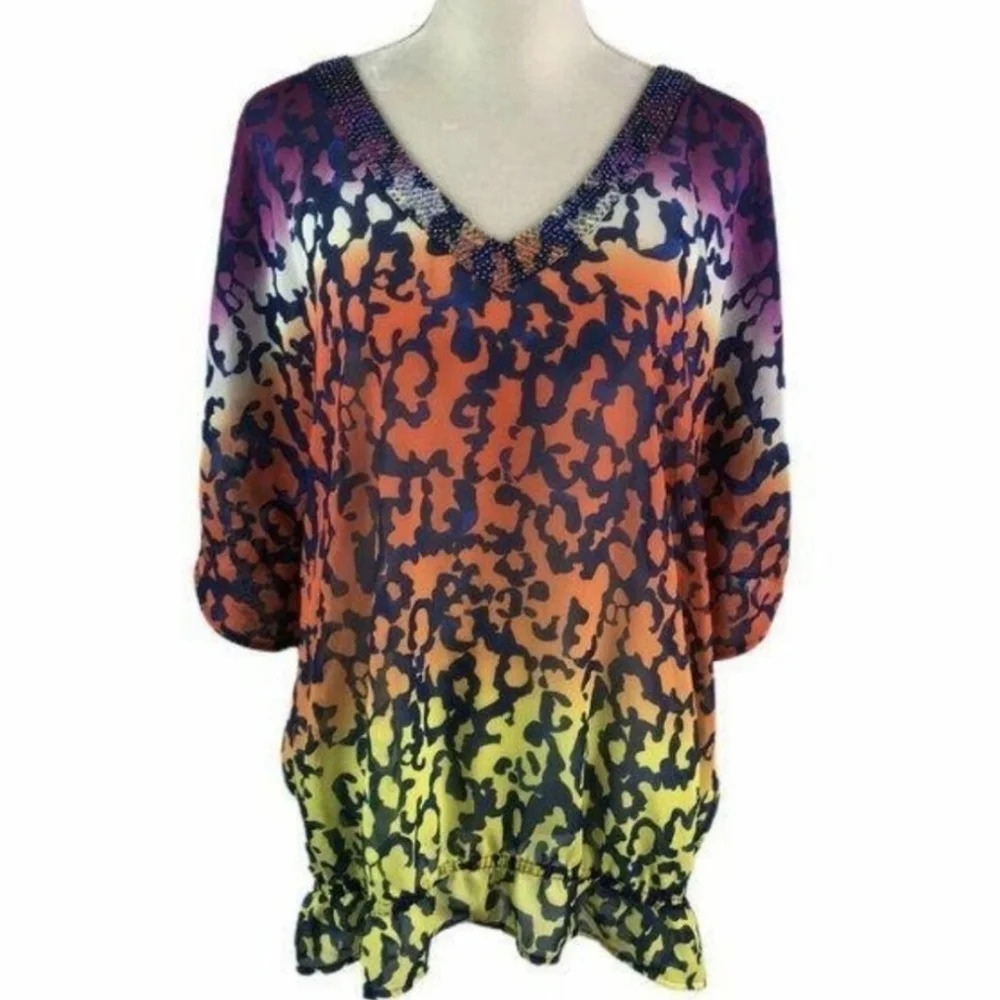 Lane Bryant ombre multi colored beaded vee neck batwing sheer top SZ 22/24